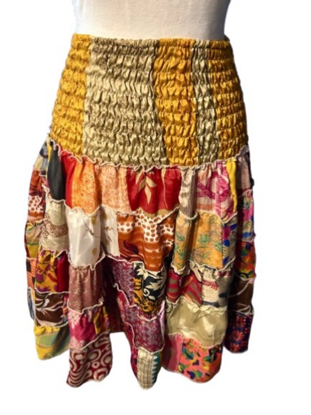 100% Silk PATHS OF THE SPIRIT Bohemian Patchwork Skirt Boho Small Medium Large